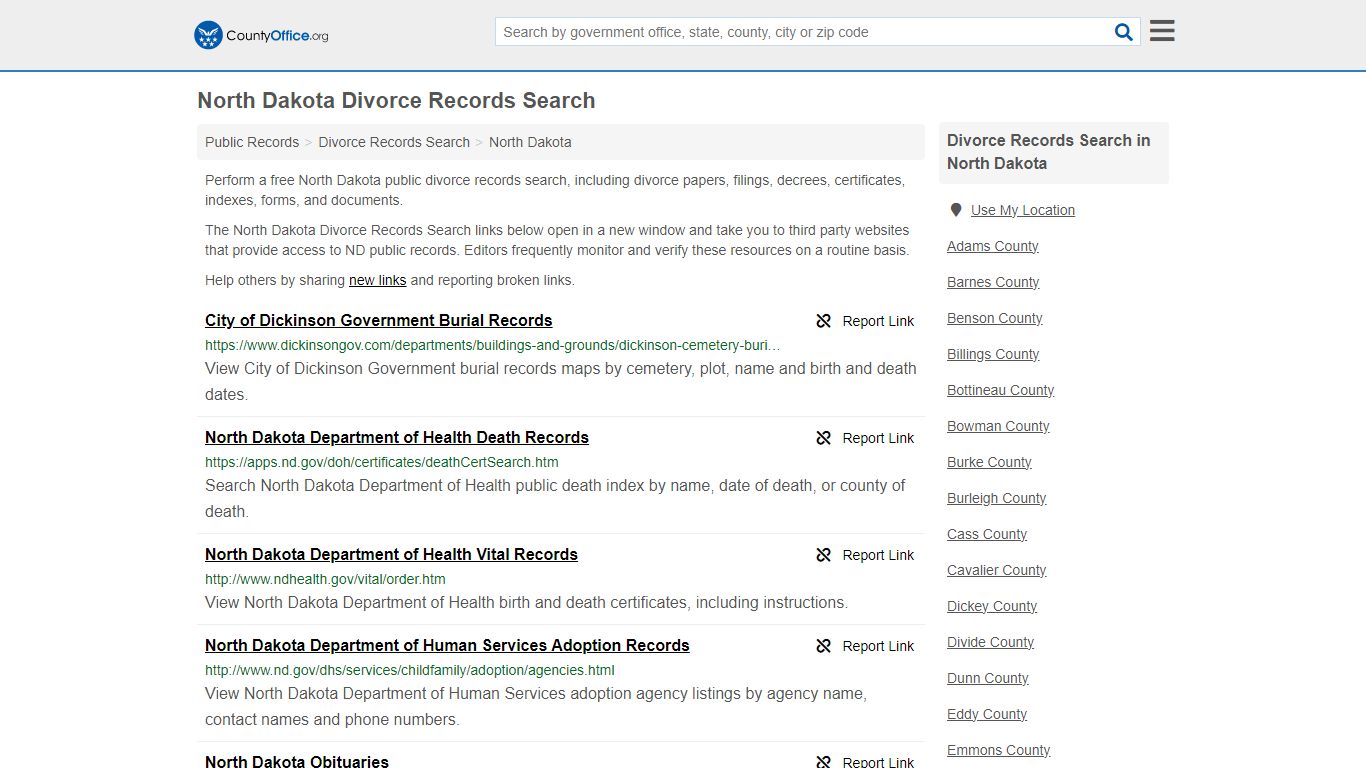 North Dakota Divorce Records Search - County Office